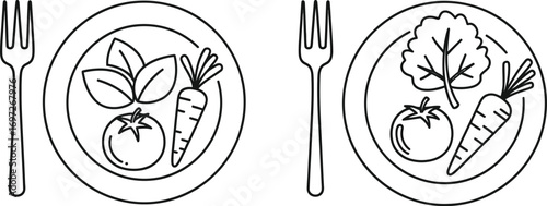 Healthy meal icons with fresh vegetables on plates and forks