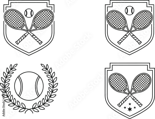 Set of tennis emblems and icons featuring rackets, balls, and laurel wreaths.