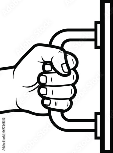 Strong hand firmly gripping a sturdy door handle, ready to open or close.