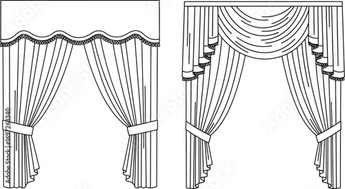 Elegant drapery designs for windows, showcasing luxurious curtain styles with decorative swags and tiebacks.