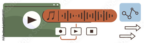 Media player window, playback controls, soundwave graphic, data sharing and connectivity symbols. Ideal for media, audio processing, streaming, technology, data flow user experience simple flat