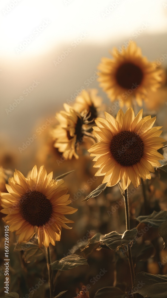 Fototapeta premium Advertising photography of sunflower field swaying gently in the wind, elegant minimal tech theme with clear negative space for ad text, golden hour virtual moment, bright commercial background