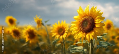 Advertising photography of sunflower field swaying gently in the wind, elegant minimal tech theme with clear negative space for ad text, golden hour virtual moment, bright commercial background