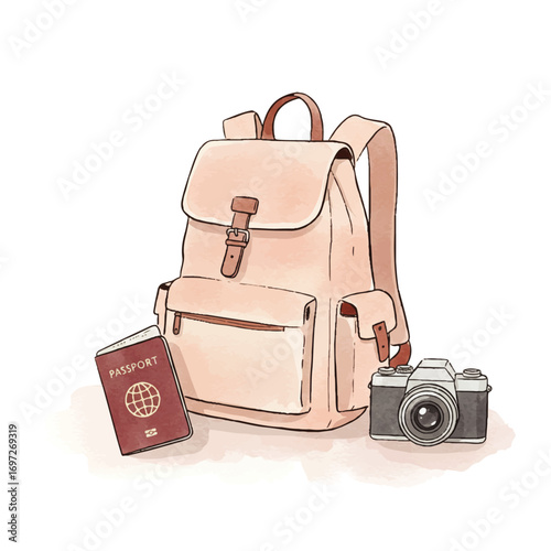 World Tourism Day, Essentials for your next adventure passport backpack and camera ready for exploration and discovery