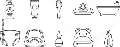 Essential baby care items including bath, diaper, toiletries, and grooming tools for hygiene and comfort