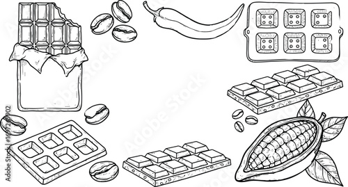 Delicious assortment of chocolate bars, coffee beans, and cocoa pod with a chili pepper.