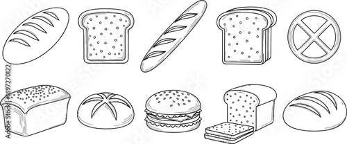 Variety of bread types and baked goods illustration