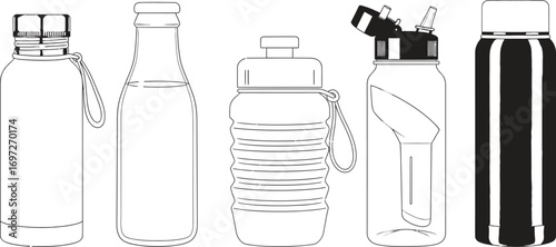 Assortment of reusable water bottles, including collapsible and insulated designs for hydration on the go.