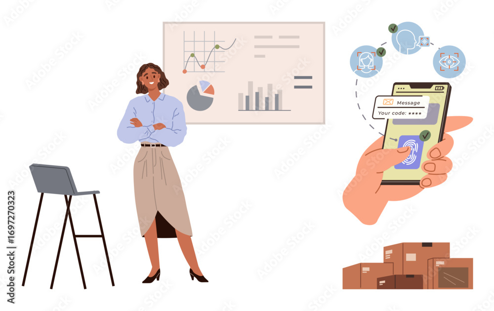 Fototapeta premium Professional analyzing graphs beside a presentation board. Smartphone highlighting a message code, package icons representing logistics. Ideal for data analysis, tech, logistics, e-commerce