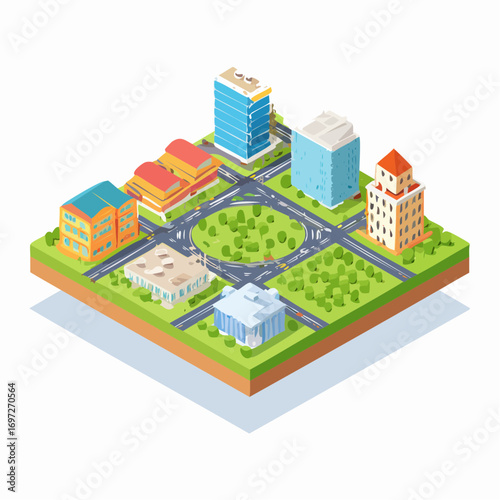 Isometric vector city map with streets, buildings, parks, and landmarks, detailed urban layout