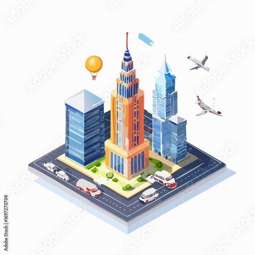 Vector art of a futuristic city with high-tech buildings, flying cars, and glowing lights, isometric style