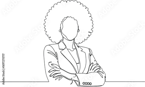 Confident woman with stylish afro in business attire, arms crossed, minimalist line art