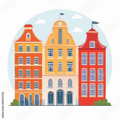 Flat vector design of European historical buildings, detailed facades, colorful rooftops, vintage style