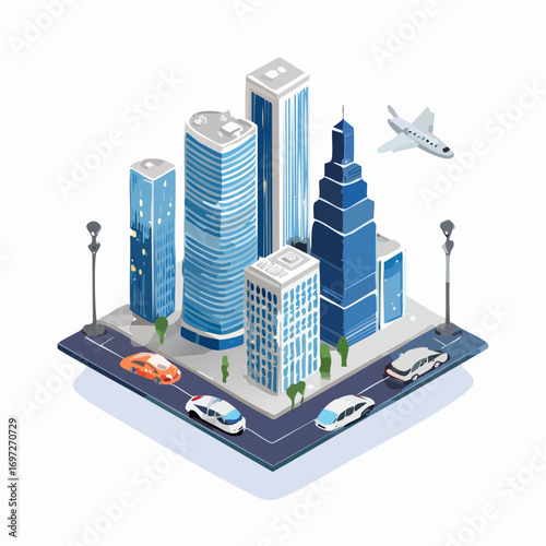 Vector art of a futuristic city with high-tech buildings, flying cars, and glowing lights, isometric style
