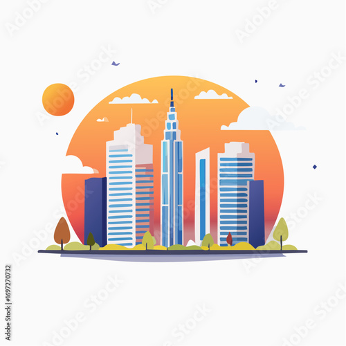 Minimalist vector illustration of a modern skyscraper skyline at sunset, clean lines and flat colors