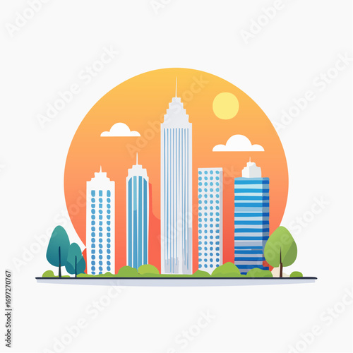 Minimalist vector illustration of a modern skyscraper skyline at sunset, clean lines and flat colors