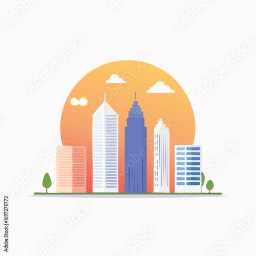 Minimalist vector illustration of a modern skyscraper skyline at sunset, clean lines and flat colors