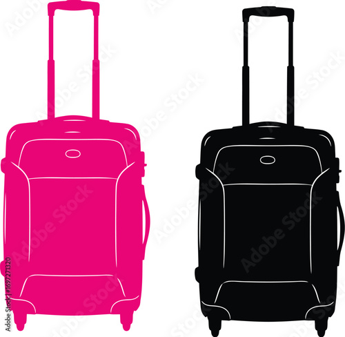 Two wheeled suitcases, one bright pink and one black, stand side by side on a white background, ready for travel.