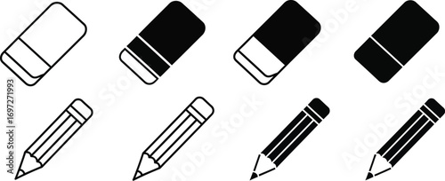Collection of simple icons representing erasers and pencils in black and white