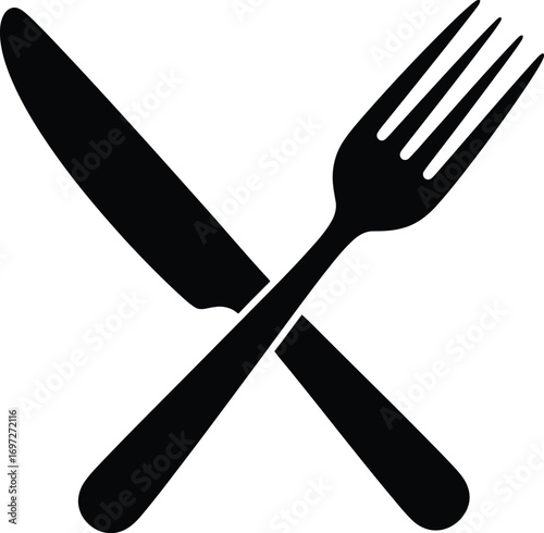 Simple black silhouette of a knife and fork crossed, representing mealtime or dining.