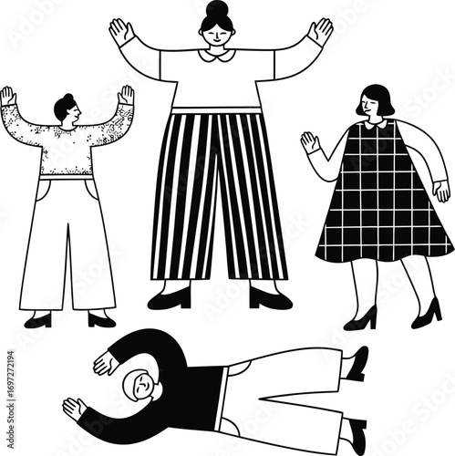 Diverse group of stylized people embracing unity and connection with open arms