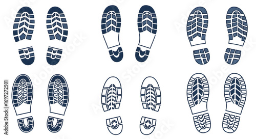 Set of diverse boot footprints on a white background, representing different shoe treads and sole patterns.