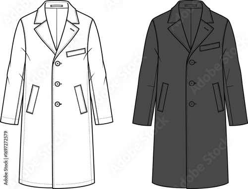 Formal long overcoat technical sketch front view with notched lapel, flap pockets, button closure, fashion design garment vector illustration