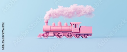 Pink Toy Train with Puffy White Smoke on a Blue Background