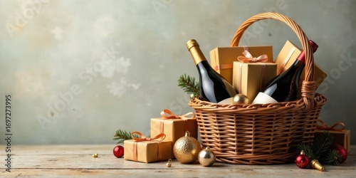 A Festive Gift Basket Featuring Sparkling Wine and Beautifully Wrapped Presents, Perfect for Celebrating the Holidays