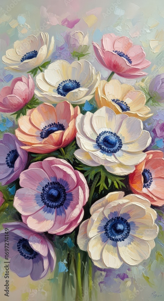 Obraz premium Vibrant Anemone Flowers Bouquet with Textured Impasto Painting Style