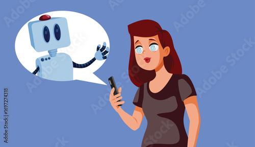 Victim of AI Induced Psychosis Holding Phone Vector Cartoon. Woman having a psychological breakdown after interacting with a chat bot 