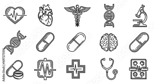 Medical and science icons set, including heart, DNA, brain, pills, and microscope