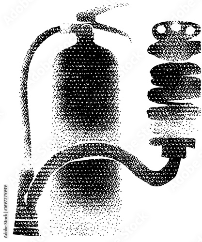 Vector Detailed of a vintage fire extinguisher with a nozzle and hose.