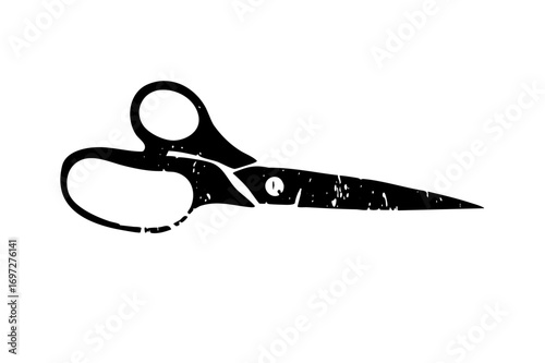 Vector Black silhouette of vintage scissors with distressed texture.