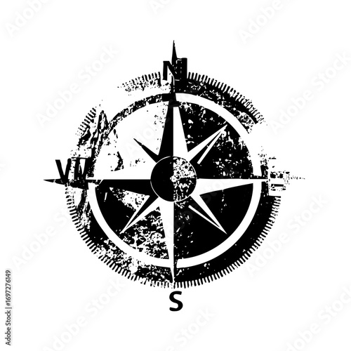 Vector Distressed compass rose with North and South indicators.