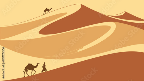 Desert dunes with camels and figures sand