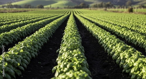Vibrant green basil plants growing in neat rows on a sun-drenched agricultural field, showcasing sustainable farming and fresh produce under a bright sky.