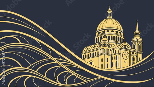 Golden architectural dome and waves architecture building