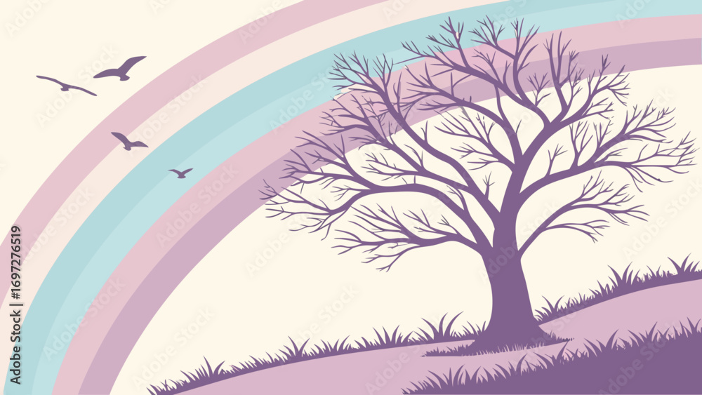 Obraz premium Pastel rainbow and bare tree silhouette bare branches