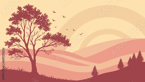 Warm sunrise landscape with tree and birds hills