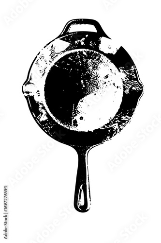 Vector Black and white of a cast iron skillet with an egg.