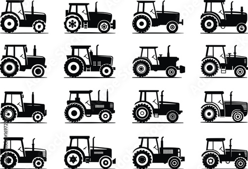 Vintage tractor silhouettes set, classic farm machinery icons, agricultural equipment vector, old farming vehicles, retro tractors collection, black silhouette tractors