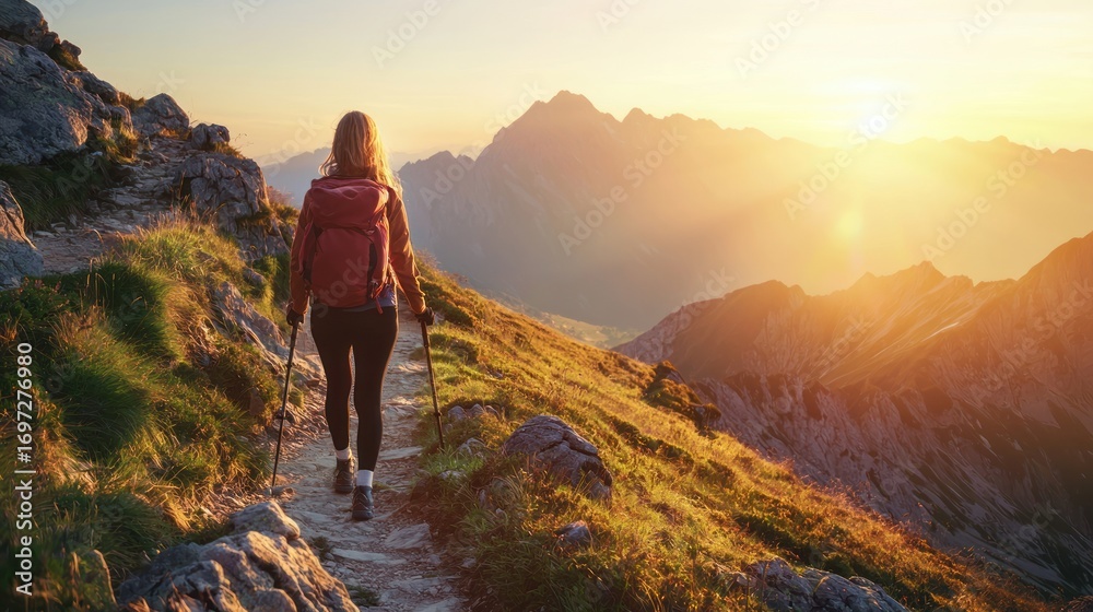 Obraz premium Hiker mountain sunrise trail