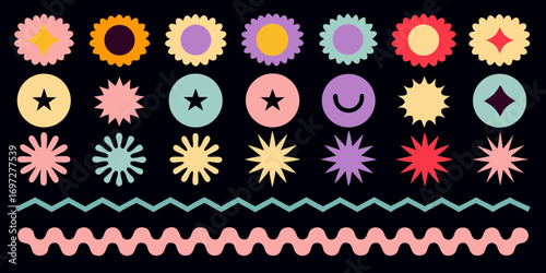 Collection of retro style abstract geometric shapes and wavy borders on black background