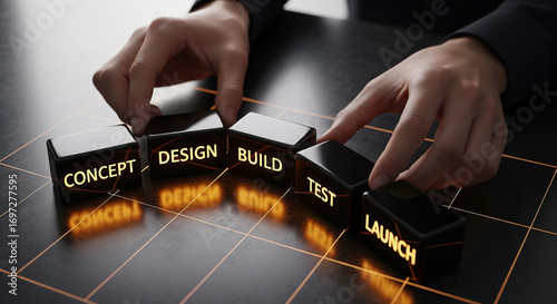 A hand arranges blocks detailing the product development lifecycle: Concept, Design, Build, Test, Launch, a perfect visual for project management