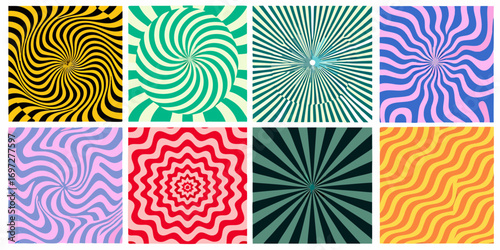 Collection of eight psychedelic swirling and radial pattern backgrounds in vibrant colors