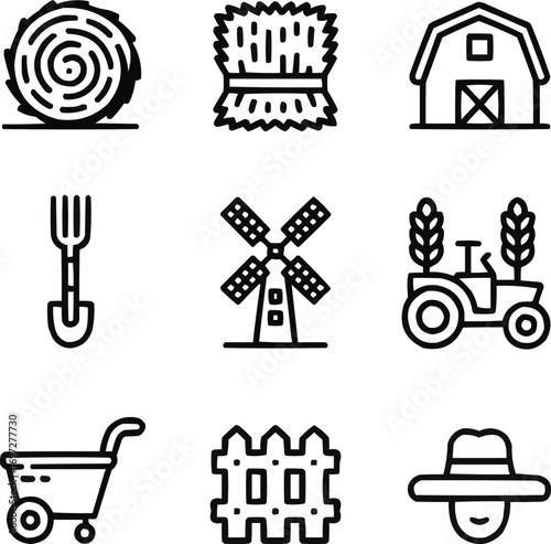Hay and Straw Farming Icon Collection – Bale Stacks, Tractor Loader, and Field Elements