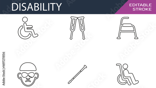Disability icons set with wheelchair crutches blind walking stick and accessibility outline
