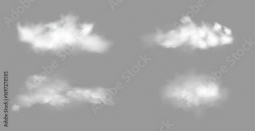 Realistic white fluffy clouds with fog or light smoke effect on a transparent background. Misty atmosphere element for overlaying on images, dramatic scenes or weather visual effects.
