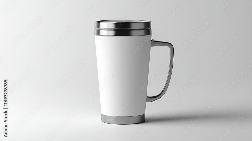 custom made wallpaper toronto digitalWhite travel mug with silver accents on a plain white background